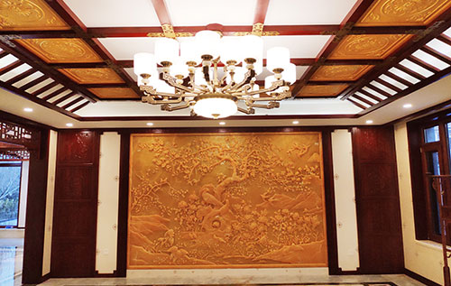 太和中式别墅客厅中式木作横梁吊顶装饰展示