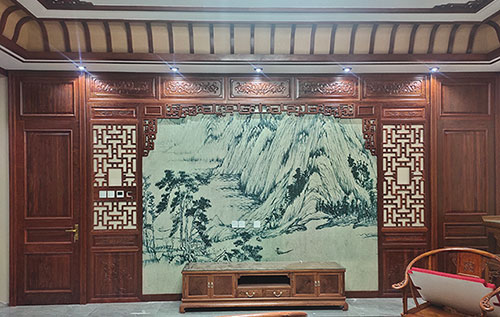 太和中式仿古别墅客厅背景墙花格木作装饰